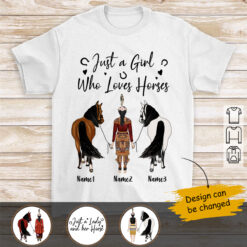 Native American Girl Walking with Horses