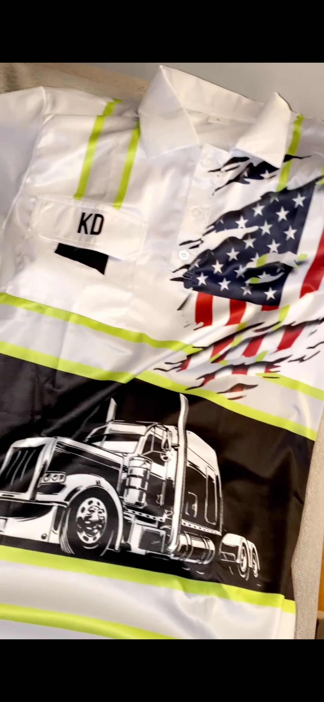 Click to view full screen Pocket - Personalized Name And Flag Semi Truck Uniform All Over Printed Clothes TN570 photo review