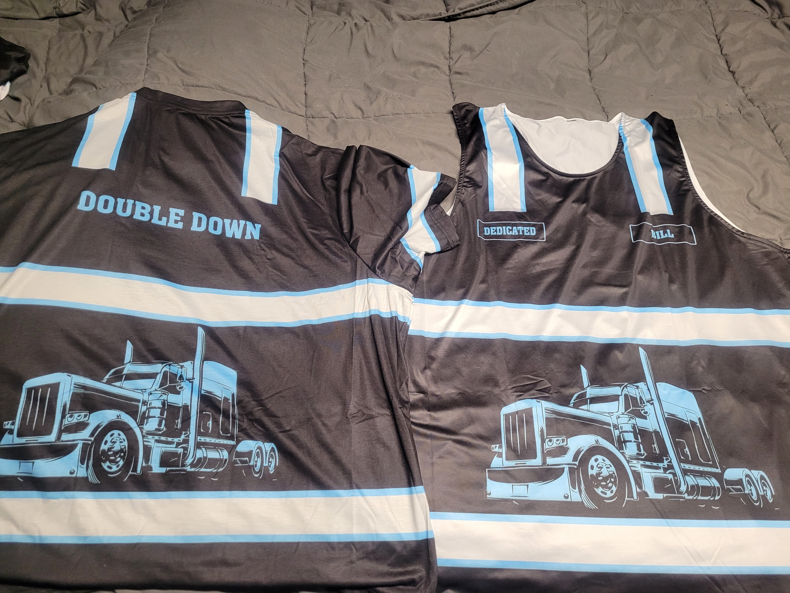 Click to view full screen Personalized Name And Color Semi Truck Uniform All Over Printed Clothes TN587-1 photo review