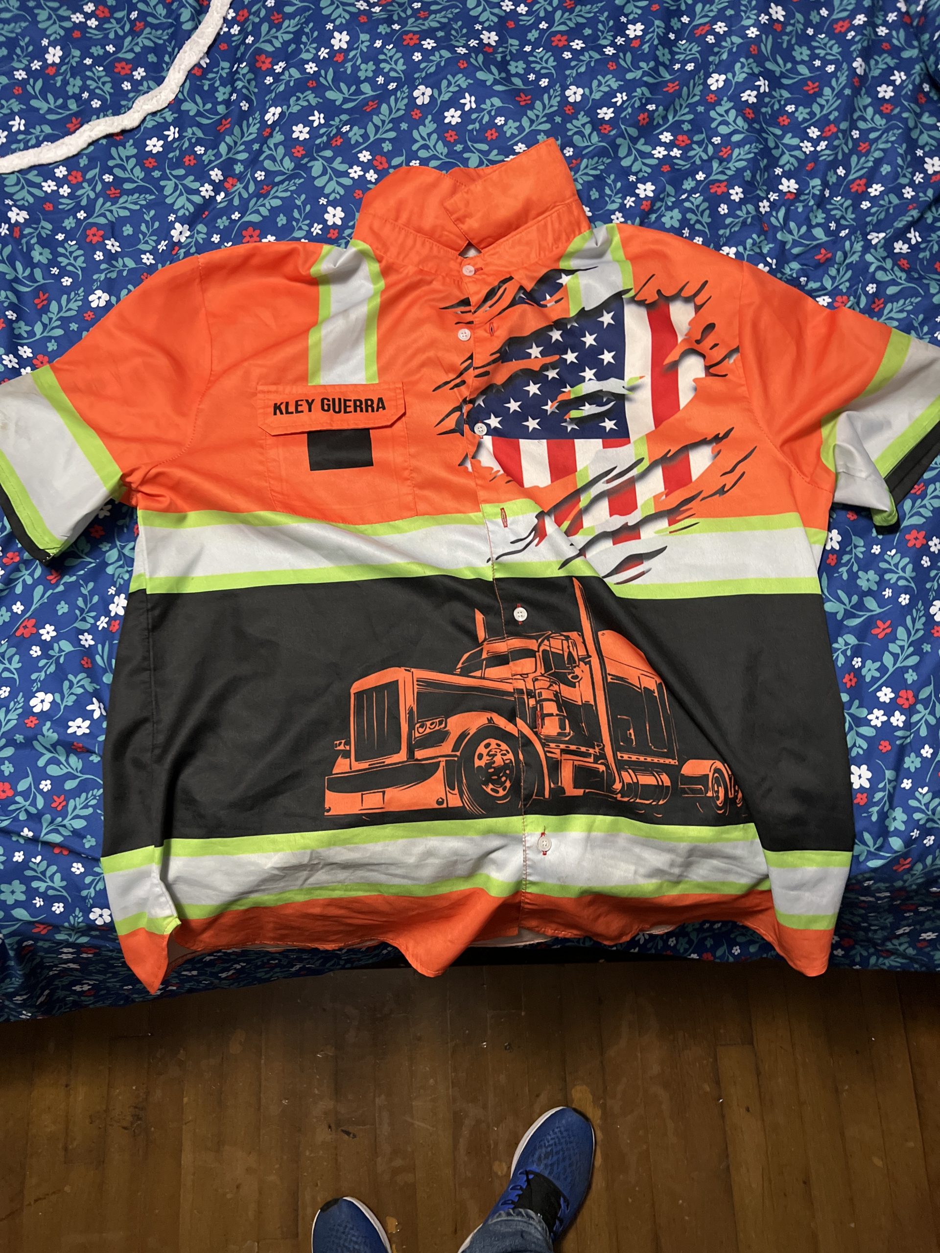Click to view full screen Pocket - Personalized Name And Flag Semi Truck Uniform All Over Printed Clothes TN570 photo review